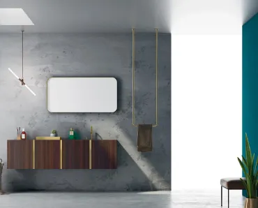 Mobile da Bagno sospeso in Eucalipto termocotto e maniglie in ottone con top in pietra Opera 01 di Altamarea