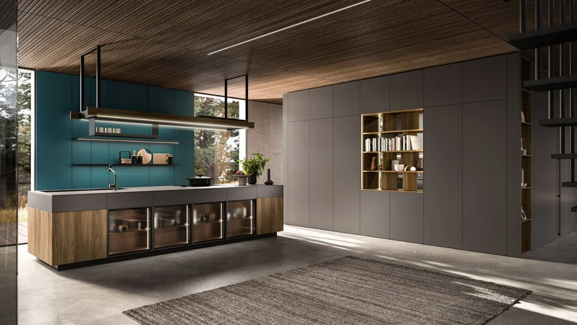 Cucina Design con isola Ak Project 01 in finitura Noce e Fenix di Arrital