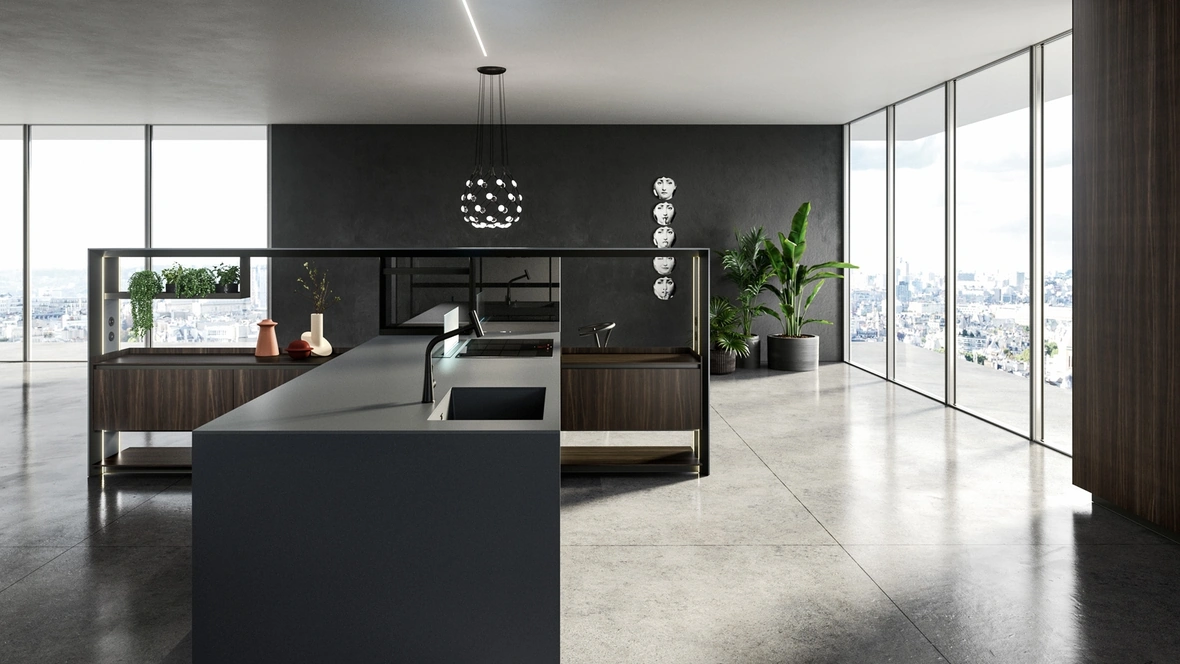 Cucina Design con isola Nautilia 05 in Fenix NTM grigio bromo e Rovere fumè di Arrital