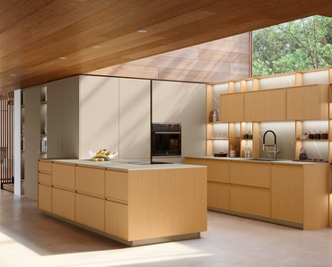 Cucina Moderna con penisola Sakura 08 in Rovere Ikebana e laccato Alabastro di Veneta Cucine