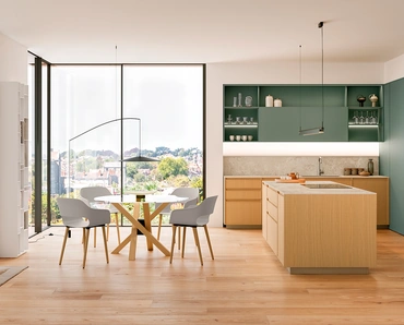 Cucina Moderna con isola Sakura 03 in Rovere Ikebana e laccato Verde Minerva di Veneta Cucine